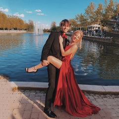 Homecoming Dresses: Neck Prom Dresses Backless Front Split Satin A-line Prom