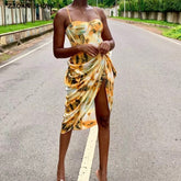 Women Vintage Yellow Tie dye Flower print Spaghetti Strap Dress