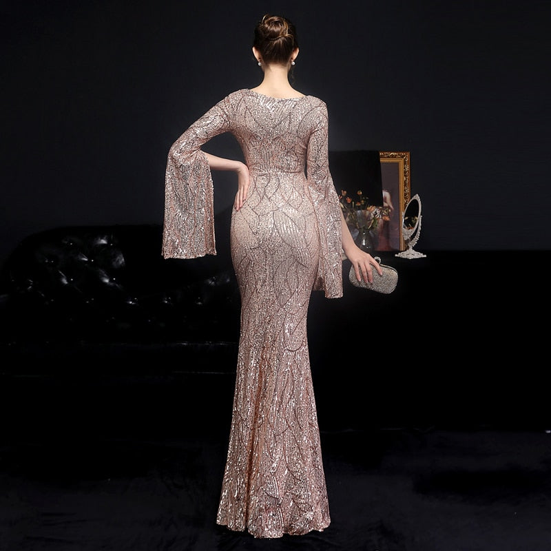 Gold Sequin Evening Dress Women Long Sleeve Dress Elegant Party Maxi