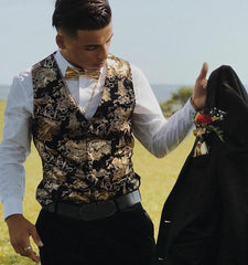 Mens Gold Metallic Paisley Printed Steampunk Vest Single Breasted V Neck