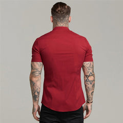 Summer Man Short Sleeve Shirt Solid Fitness Mens Stand