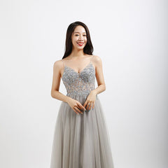 Prom Dresses Long See Through A-Line Split Tulle V Neck Spaghetti