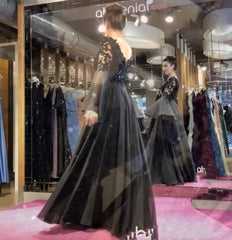 Evening wear Dresses: Flare Long Sleeve V-Neck Lace Appliques Sequins