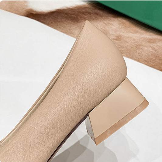 Women Med Heel Square Toe Pumps Office Lady Shoes Big Gold Metal