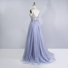Prom Dresses Long See Through A-Line Split Tulle V Neck Spaghetti