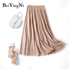 Pleated Midi Skirt Elastic High Waist Sweet Casual Summer Slim