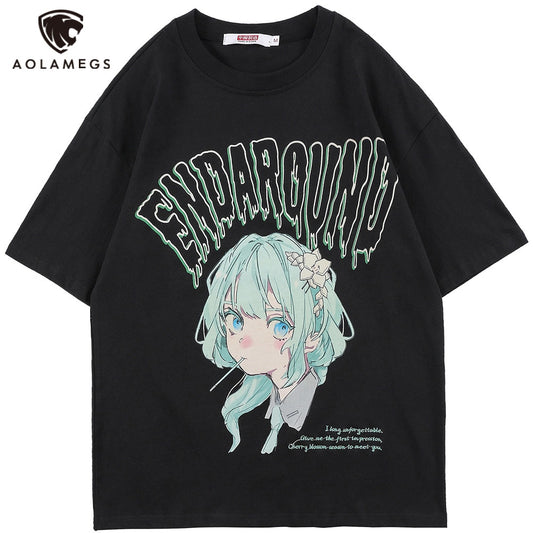 T-shirt Men Green Hair Girl Cartoon Anime Printed O-Neck Streetwear