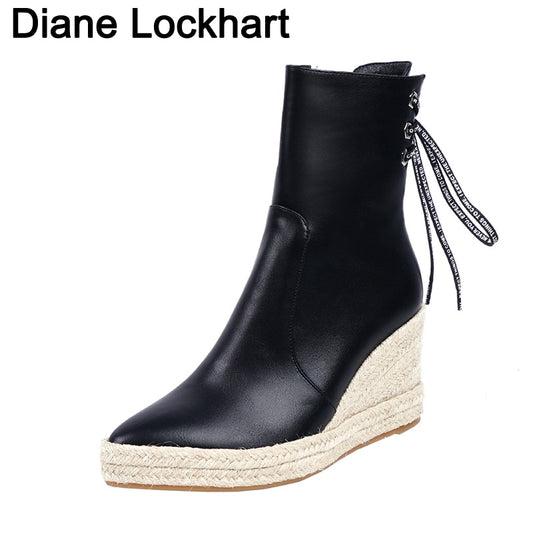 Women Wedge Ankle Boots Casual Lace Up Low Heels Female Platform Shoes