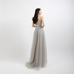 Prom Dresses Long See Through A-Line Split Tulle V Neck Spaghetti