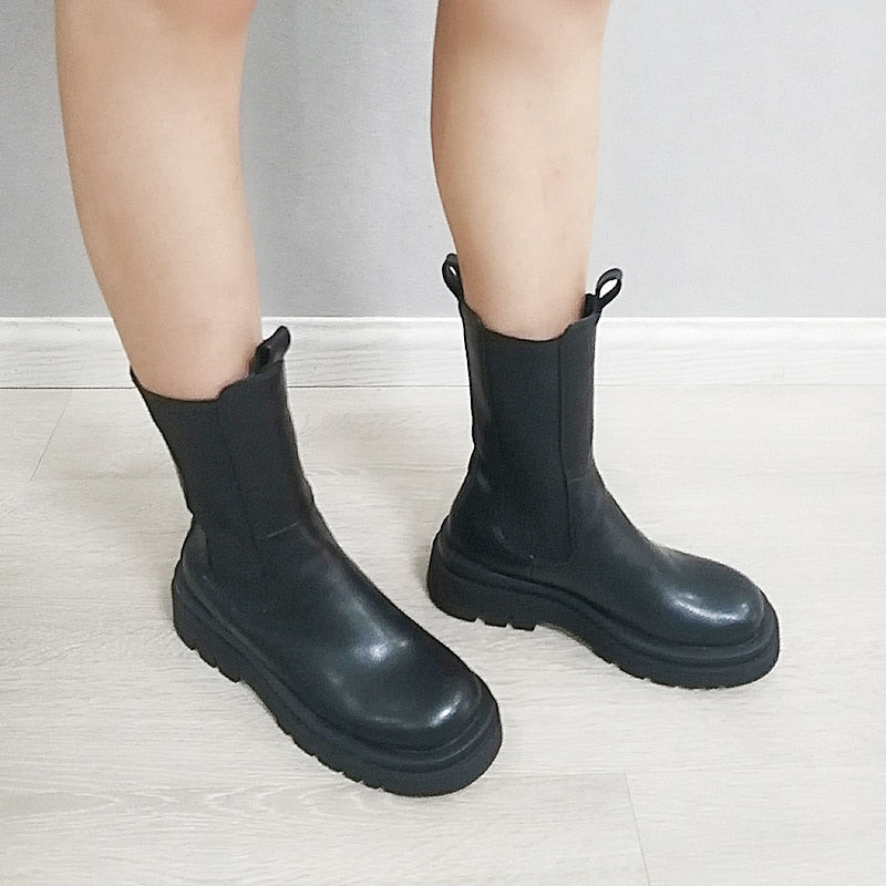Meotina Women Botas Round Toe Platform Thick Heel Mid-Calf Boots Womens