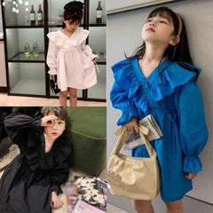 Spring Autumn Girls Dress Temperament Costumes Pure Color Stitching