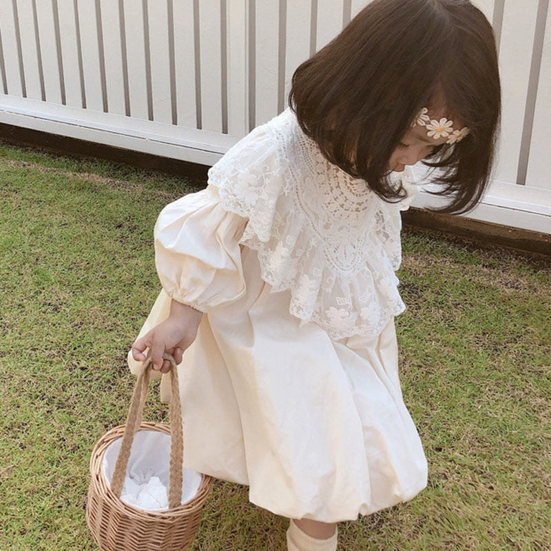 Spring Autumn Girls Dress Lace Collar Detachable Fairy Long Sleeve Princess Dress
