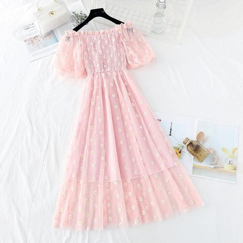 small daisies embroidery mesh dresses women