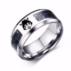 Laser Engraved Wolf Men Ring for Men Stainless Steel Blue Carbon Fibre 8mm