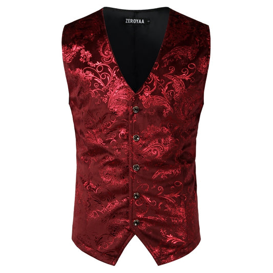 Mens Gold Metallic Paisley Printed Steampunk Vest Single Breasted V Neck
