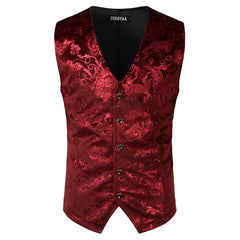 Mens Gold Metallic Paisley Printed Steampunk Vest Single Breasted V Neck