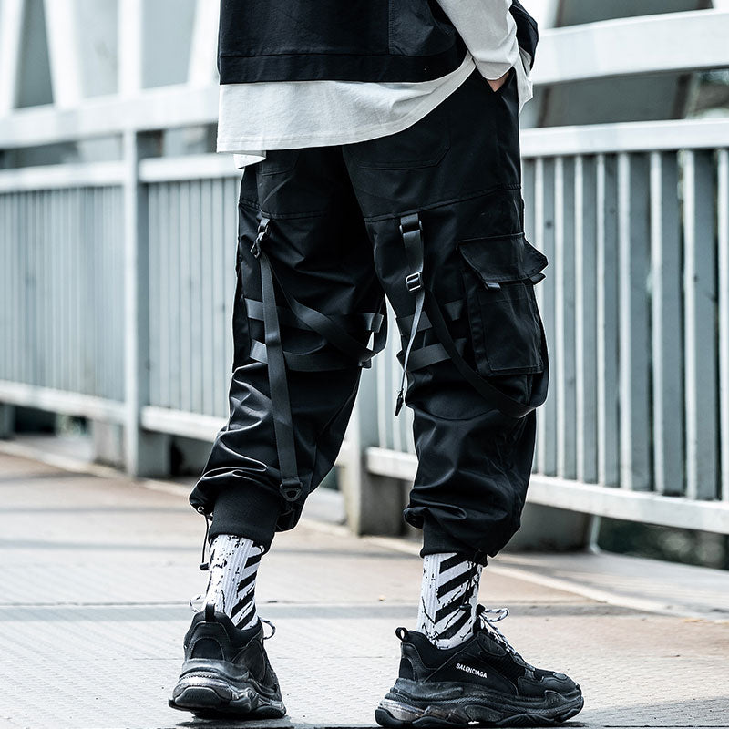 Harajuku jogger Hip hop Ribbon paratrooper Men clothes multi-pocket