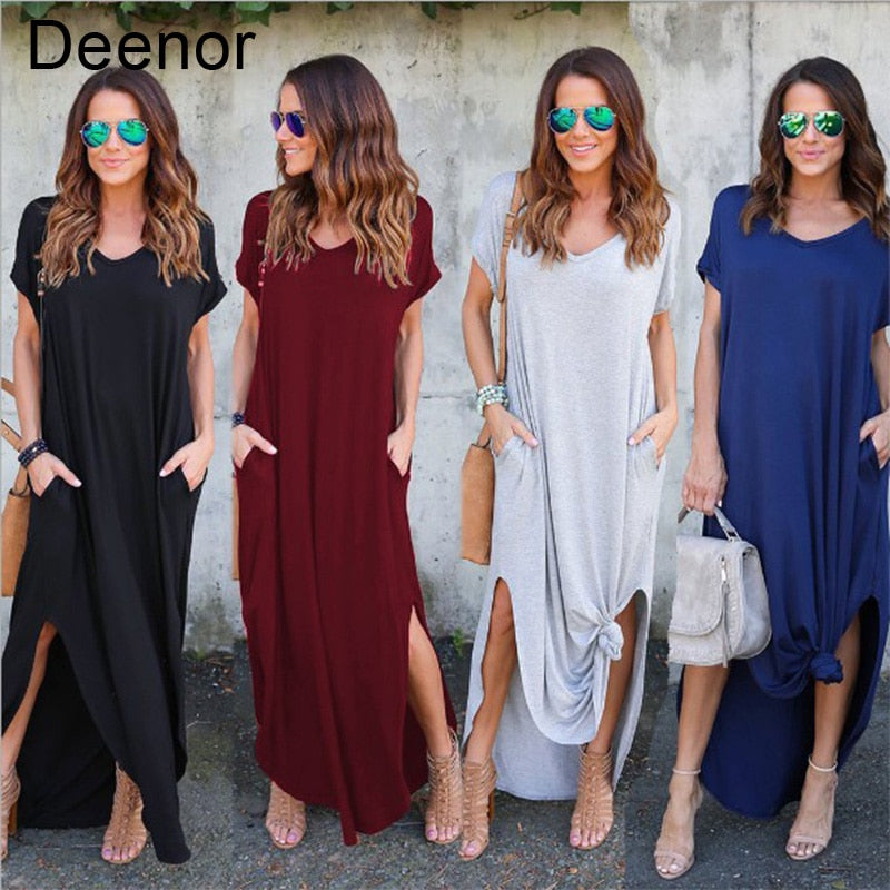 Plus Size 5XL Women Dress Summer Solid Casual Short Sleeve Maxi Dress For Women Long Dress