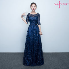 Evening wear Dresses: O Neck Half Sleeve Evening Dresses Long Tulle Appliques Elegant