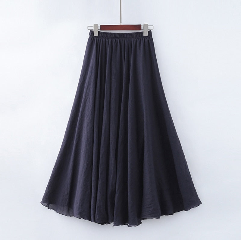Cotton Linen Maxi Skirt Womens Casual Elastic High Waist Pleated