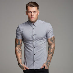 Summer Man Short Sleeve Shirt Solid Fitness Mens Stand
