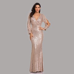 V-neck Mermaid Evening Dress Long Formal Prom Party Gown Full Sequins