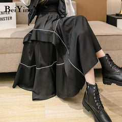 Korean Style Midi Skirt Women Fashion Casual Retro Black Pleated Skirts