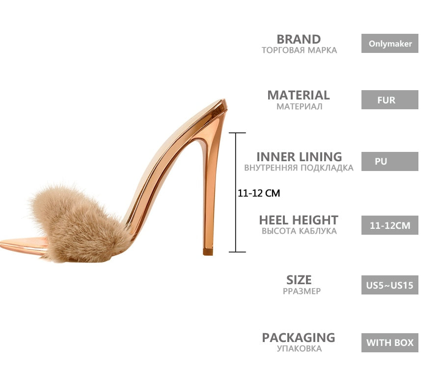 Peep Toe Mules Artificial Fur Slip On Gold White Thin High Sandals