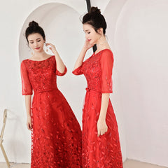 Evening wear Dresses: O Neck Half Sleeve Evening Dresses Long Tulle Appliques Elegant