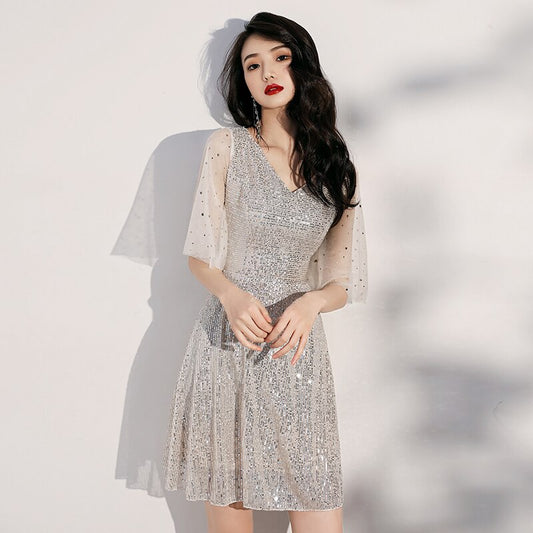 Homecoming Dresses: Elegant silver Prom Dresses Prom Dress Short V Neck sequin short