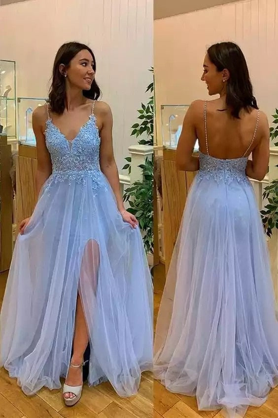 Homecoming Dresses: Prom Dresses Lace Applique Beaded V Neck Spaghetti