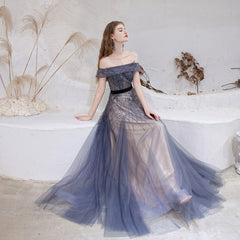 Evening wear Dresses: Blue Evening Dresses Luxury Beaded Beading