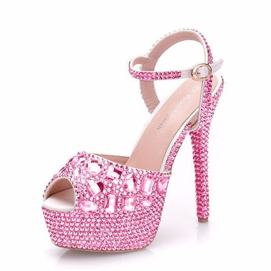 Diamond Women Super High Heels Wedding Pumps 14cm Peep Shoes Platform