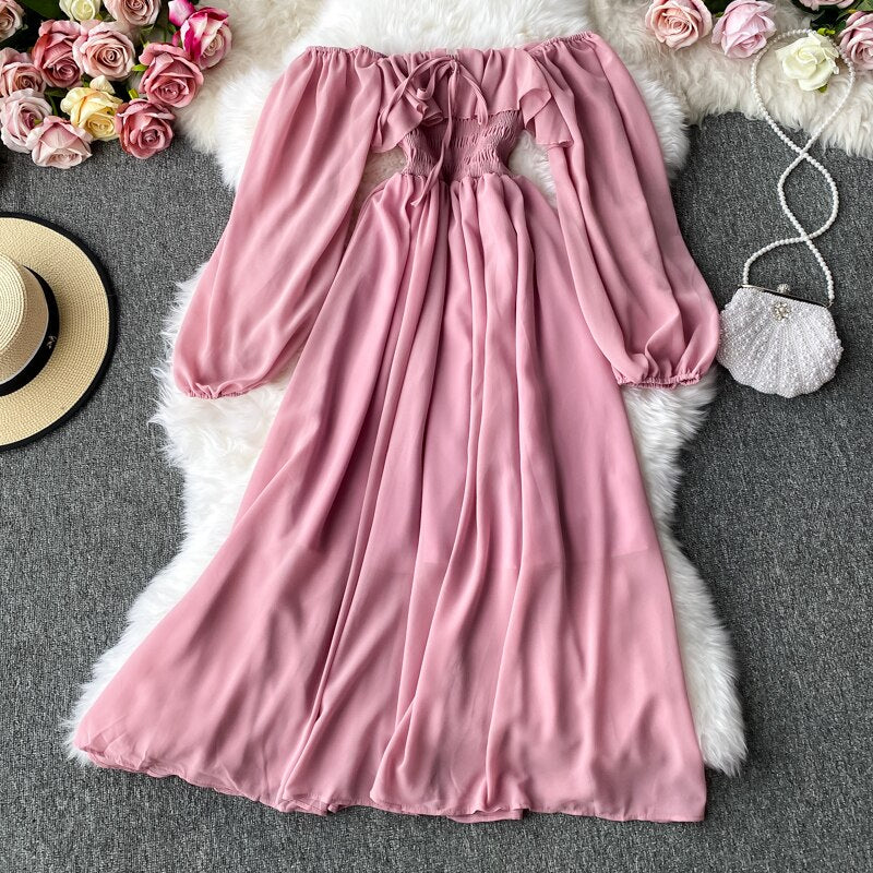 Women Slash Neck Long Sleeve Midi Dress Female Yellow/Red/Pink High Waist