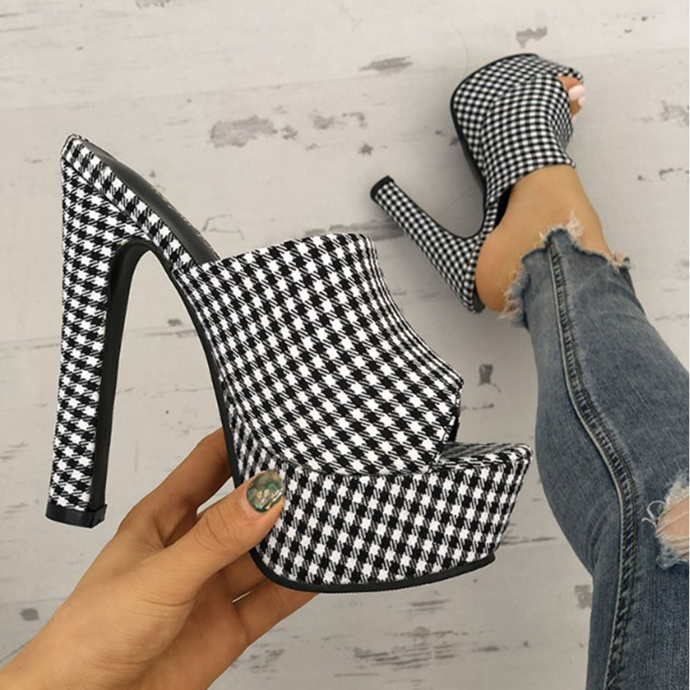 high heels plaid Platform summer mules slides Party sandal Slippers women