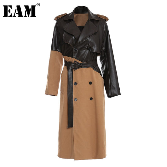 Women Khaki Pu Leather Big Size Long Trench Lapel Long