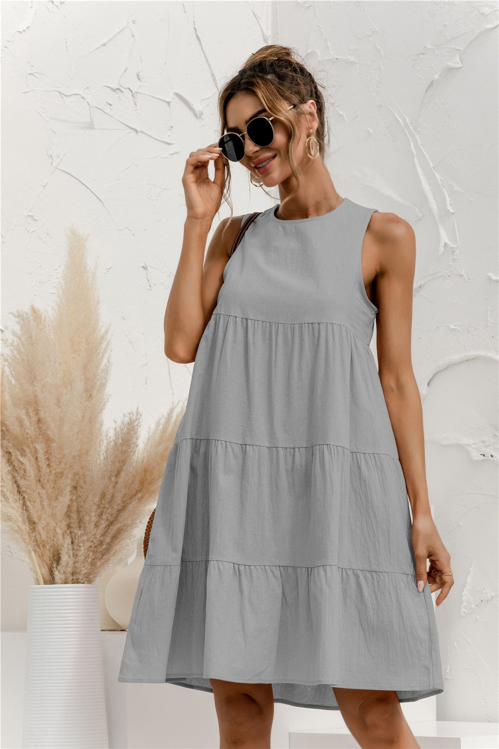 Women Vest Dress Cotton O-Neck Sleeveless Solid Midi Dress Stitching Large Swing