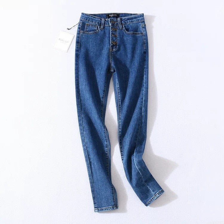 Vintage Skinny Four Buttons High Waist Pencil Jeans Women Slim Fit Stretch Denim