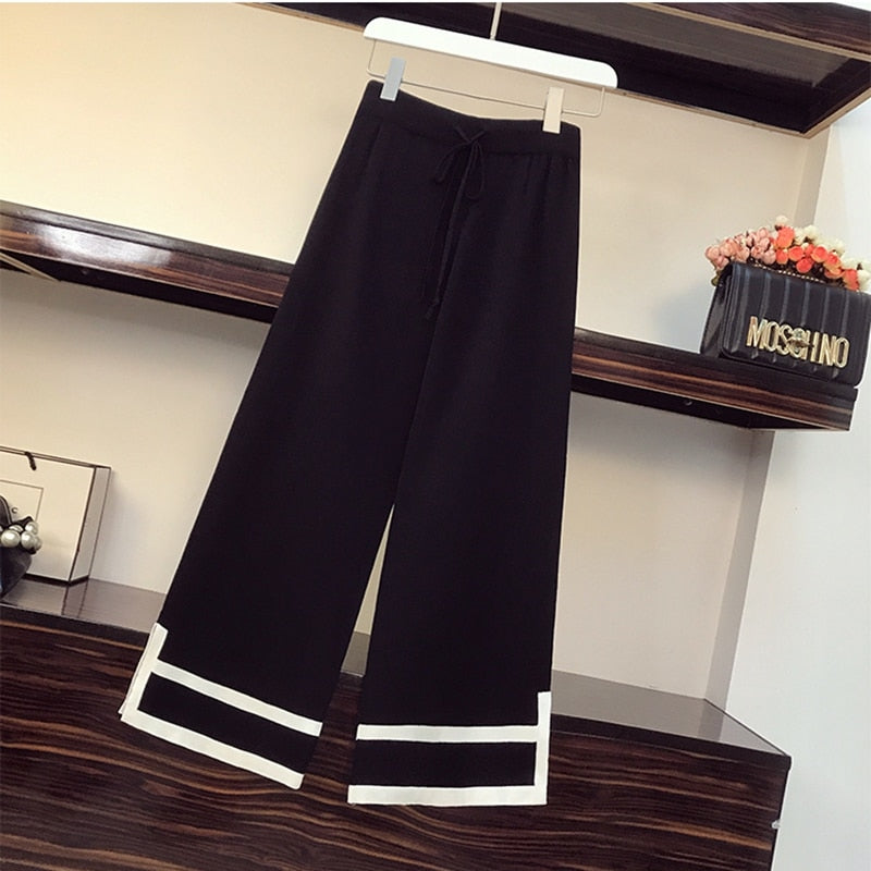 Autumn Winter Knitted Two piece Set Casual Women Pullovers Tops And Wide-Leg