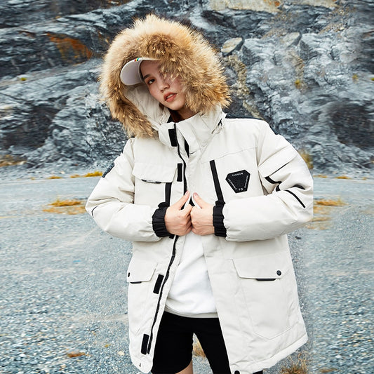 Men's White Down Jacket Cargo Warm Hooded Thick Puffer Jacket Coat