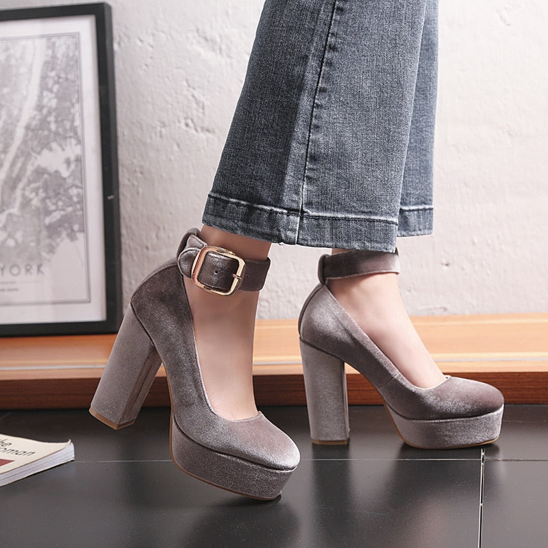 Fashion Velvet High Heels Shoes Female Straps Black Blue Womens