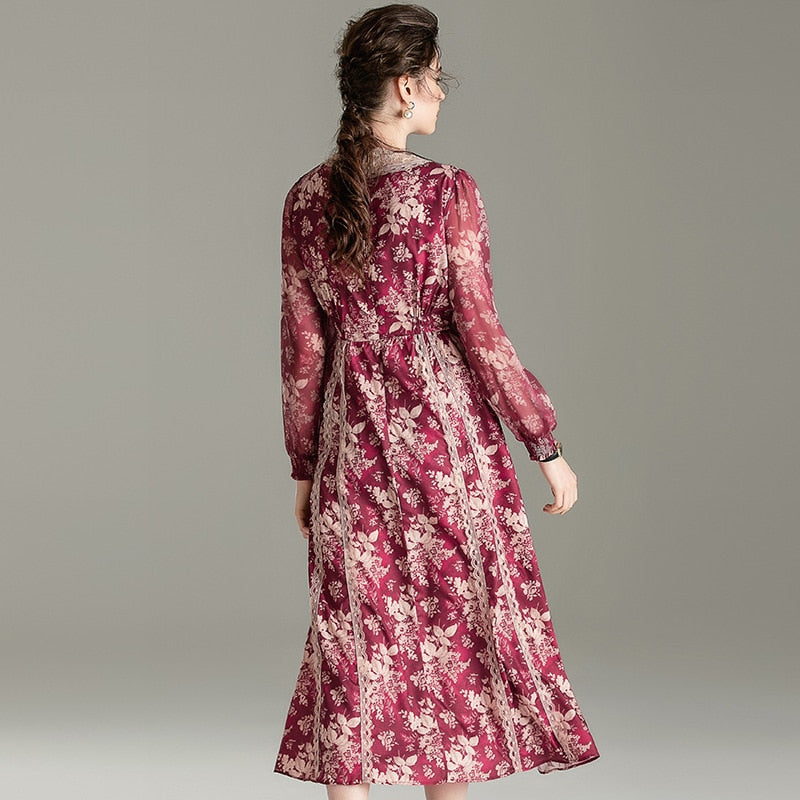 Temperament dress spring palace bubble sleeve lace splicing medium long