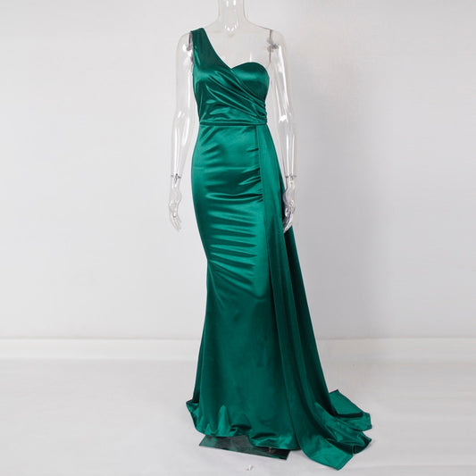 One Shoulder Padded Satin Maxi Dress Women's Evening Party Dress