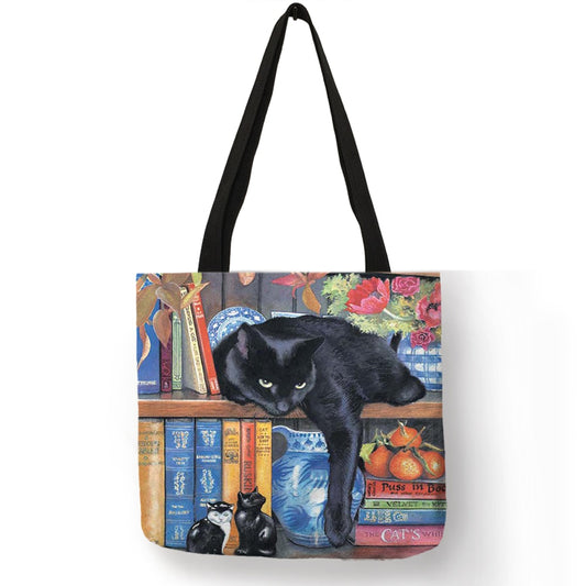 Customize Oil Painting Cat Print Womens Designer Tote Bags Linen
