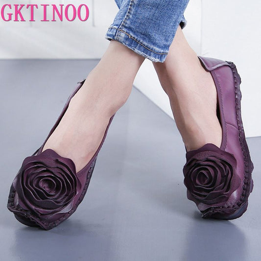 Flower Design Round Toe Solid Color Flat Shoes Vintage Genuine Leather