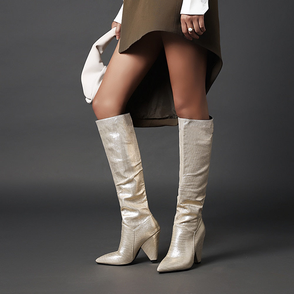 Winter Sequined Cloth Pleated Boots For Women Pointed Toe Thick Heels Botas