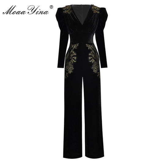 Spring Summer Designer Jumpsuits Women V-neck Long sleeve Gold Line