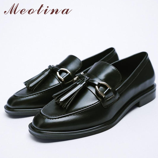 Women Loafers Genuine Leather Flat Shoes Metal Decoration