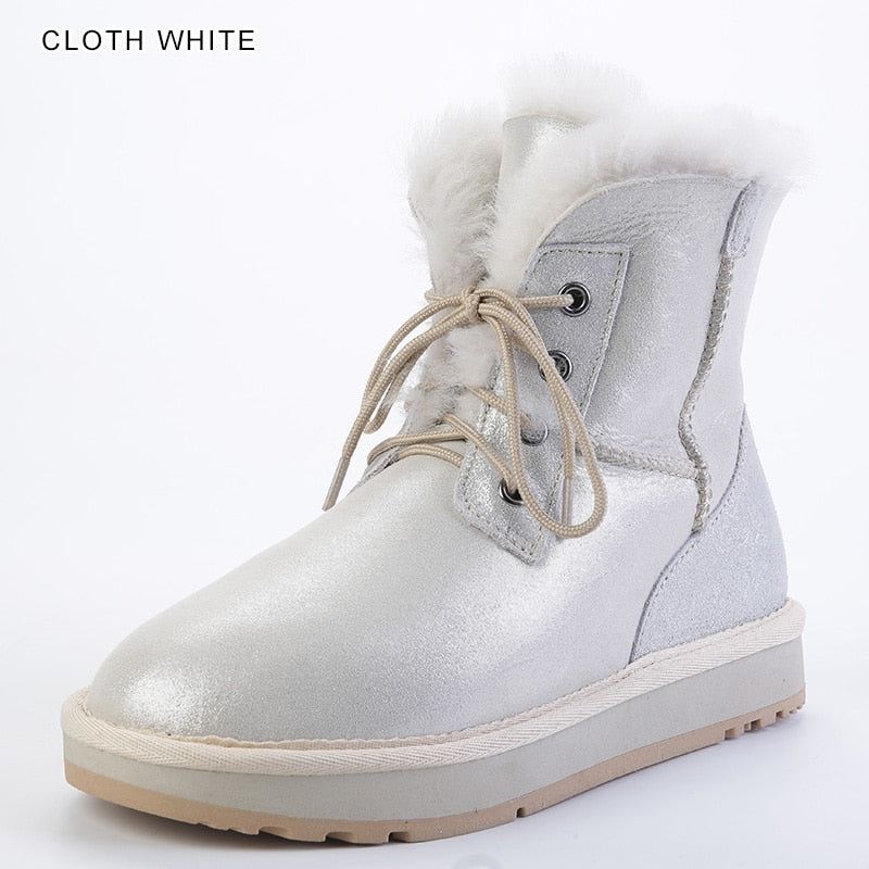 Leather Natural Sheep Wool Fur Lined Casual Ankle Winter Snow Boots for Women
