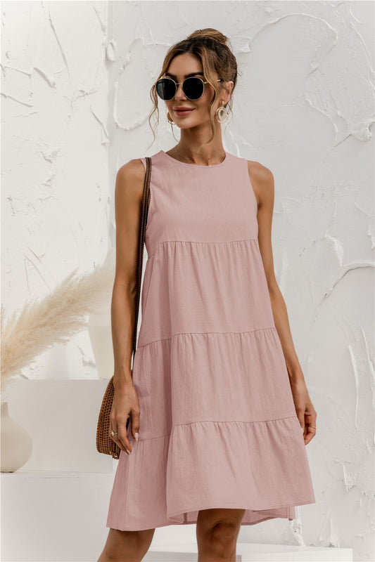 Women Vest Dress Cotton O-Neck Sleeveless Solid Midi Dress Stitching Large Swing